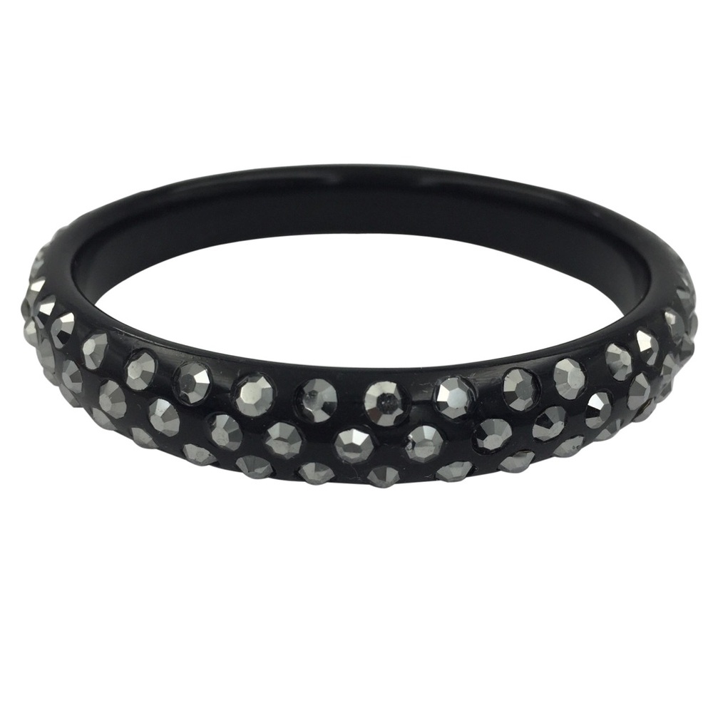 Black Acrylic with Hematite Grey Rhinestones Bangle Bracelet
